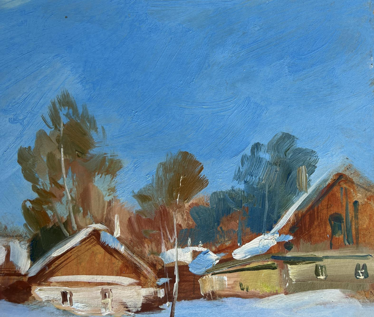 Oil painting of quiet winter village by Yuriy Suprunchuk with snow-dusted roofs