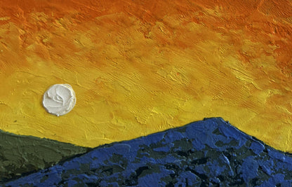 Oil painting by V. Zadorozhnya: sunset behind mountains, white circle on orange sky