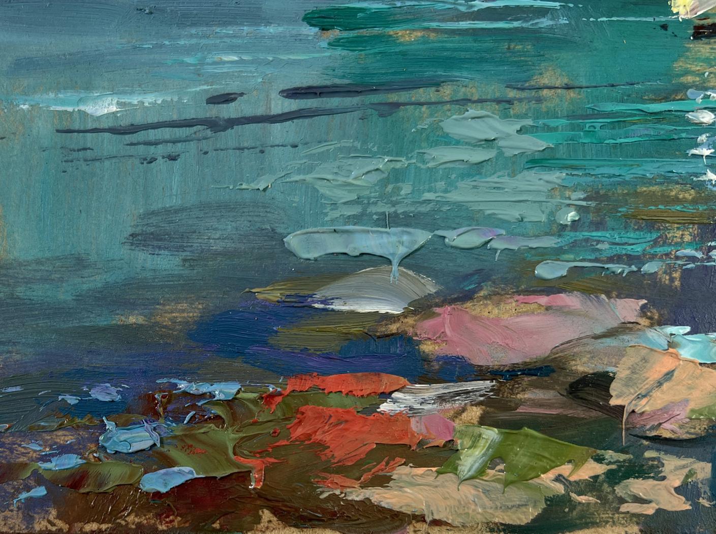 Abstract teal blue sailboat at sea oil painting by Yuriy Suprunchuk