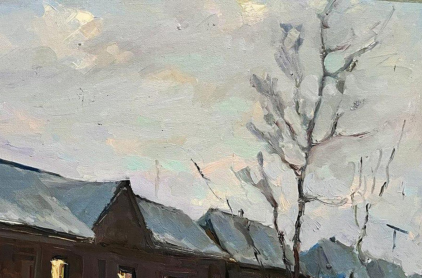 Oil painting Snowy street by Volodymyr Pashchenko, gray snowy village scene