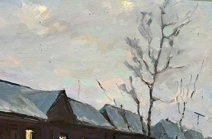 Oil painting Snowy street by Volodymyr Pashchenko, gray snowy village scene