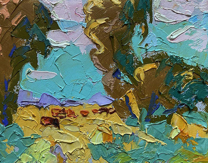 Oil painting Morning on the pasture by Oleksiy Ivanyuk in teal and gold