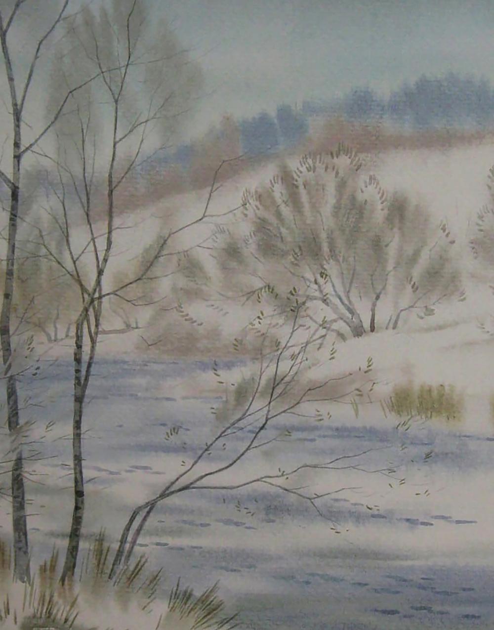 Watercolor painting of snowy landscape with bare trees and frozen river by Valery Savenets