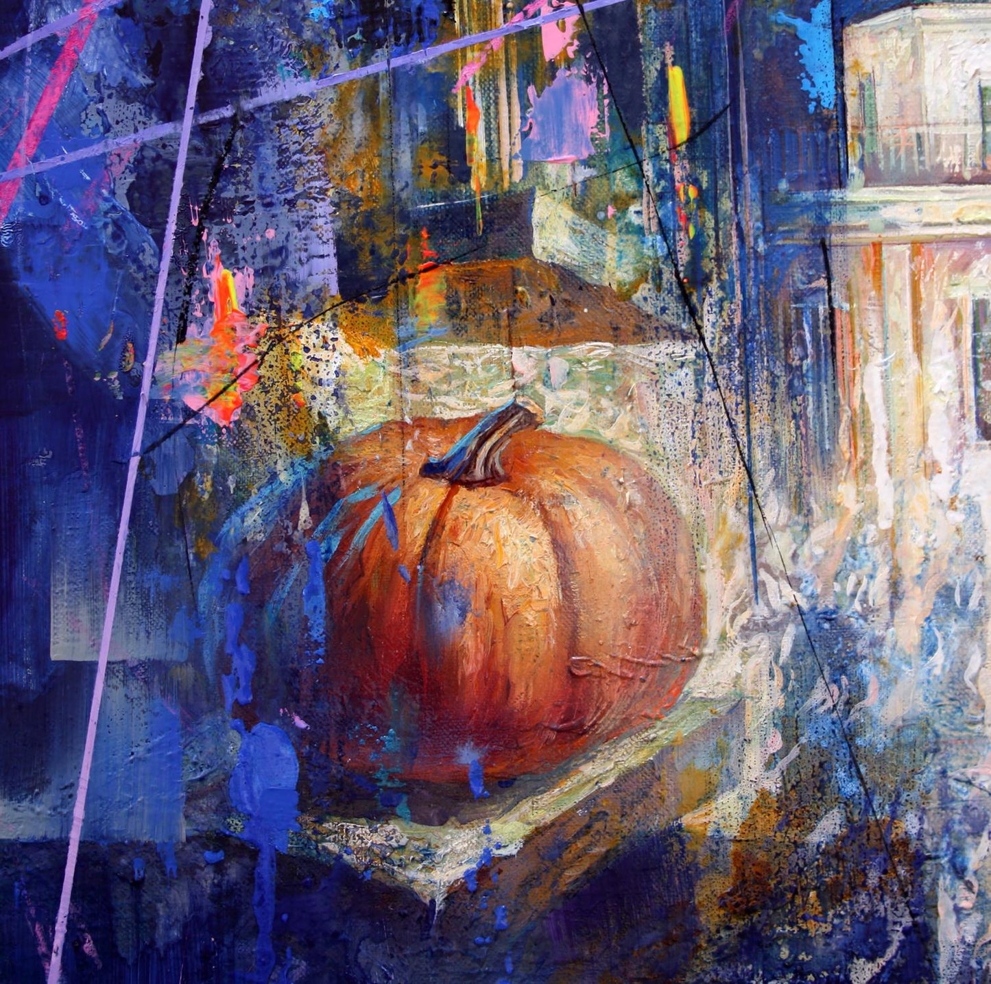 Oil painting Night on the Town by Alexander Dobrodiy with central orange pumpkin