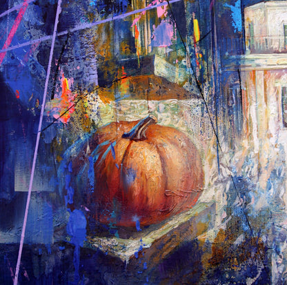 Oil painting Night on the Town by Alexander Dobrodiy with central orange pumpkin