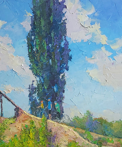 Oil painting Freeride by Boris Serdyuk: tall textured cypress tree in greens, purples, blue sky