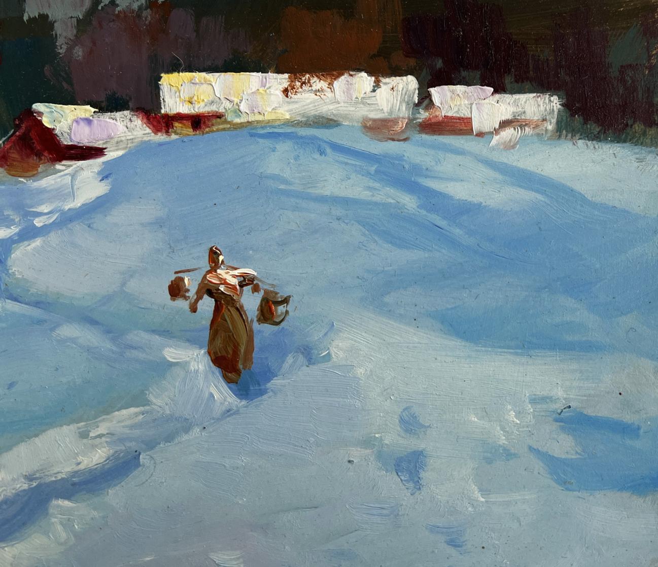 Oil painting Along the snowy paths by Yuriy Suprunchuk: robed figure on blue snowy expanse