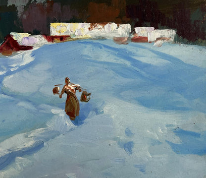 Oil painting Along the snowy paths by Yuriy Suprunchuk: robed figure on blue snowy expanse