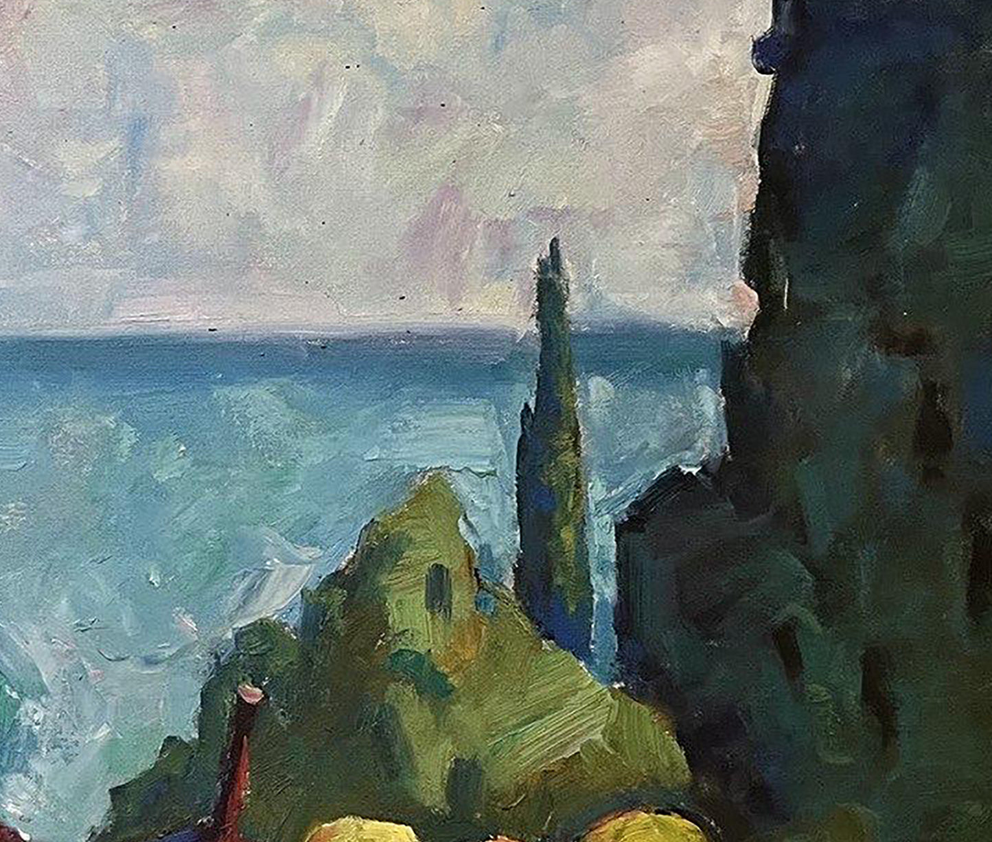 Oil painting of coastal cliffside with cypress tree by Oleksandr Andreev