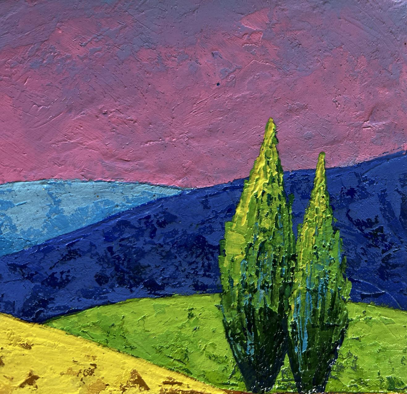 Vibrant impressionist oil painting by V. Zadorozhnya: green cypresses on yellow hill, pink sunset skies