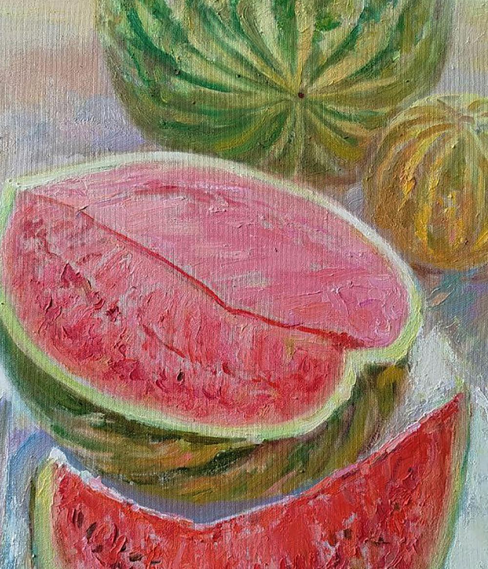 Vibrant oil painting of sliced watermelon by Leonid Pavlenko