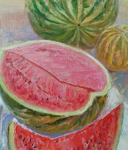 Vibrant oil painting of sliced watermelon by Leonid Pavlenko