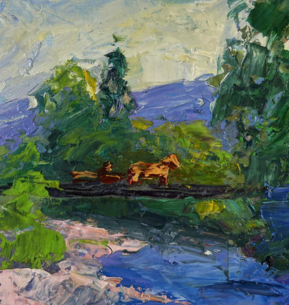Impressionist oil painting of golden-brown dog and owner in boat on mountain river by Boris Serdyuk