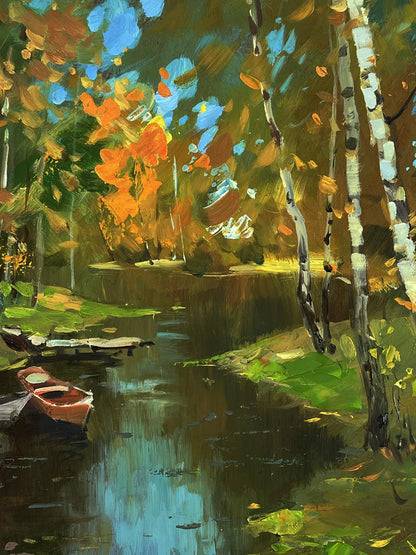 Oil painting of small red rowboat on tranquil autumn river by Yuriy Suprunchuk