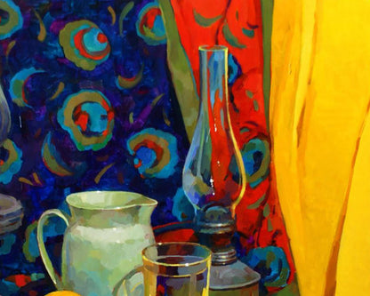 Oil painting still life with yellow drapery and tall blue red glass oil lamp by Anastasia Yaroshevich