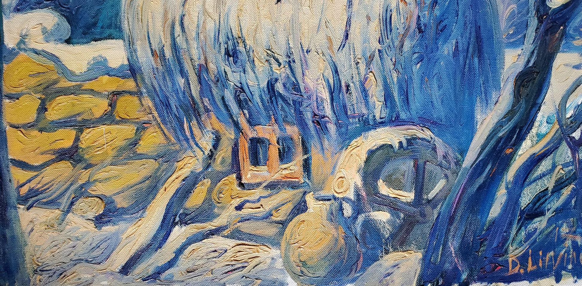 Oil painting Winter in the village by Daniil Litvinov, vibrant blue yellow landscape