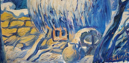 Oil painting Winter in the village by Daniil Litvinov, vibrant blue yellow landscape