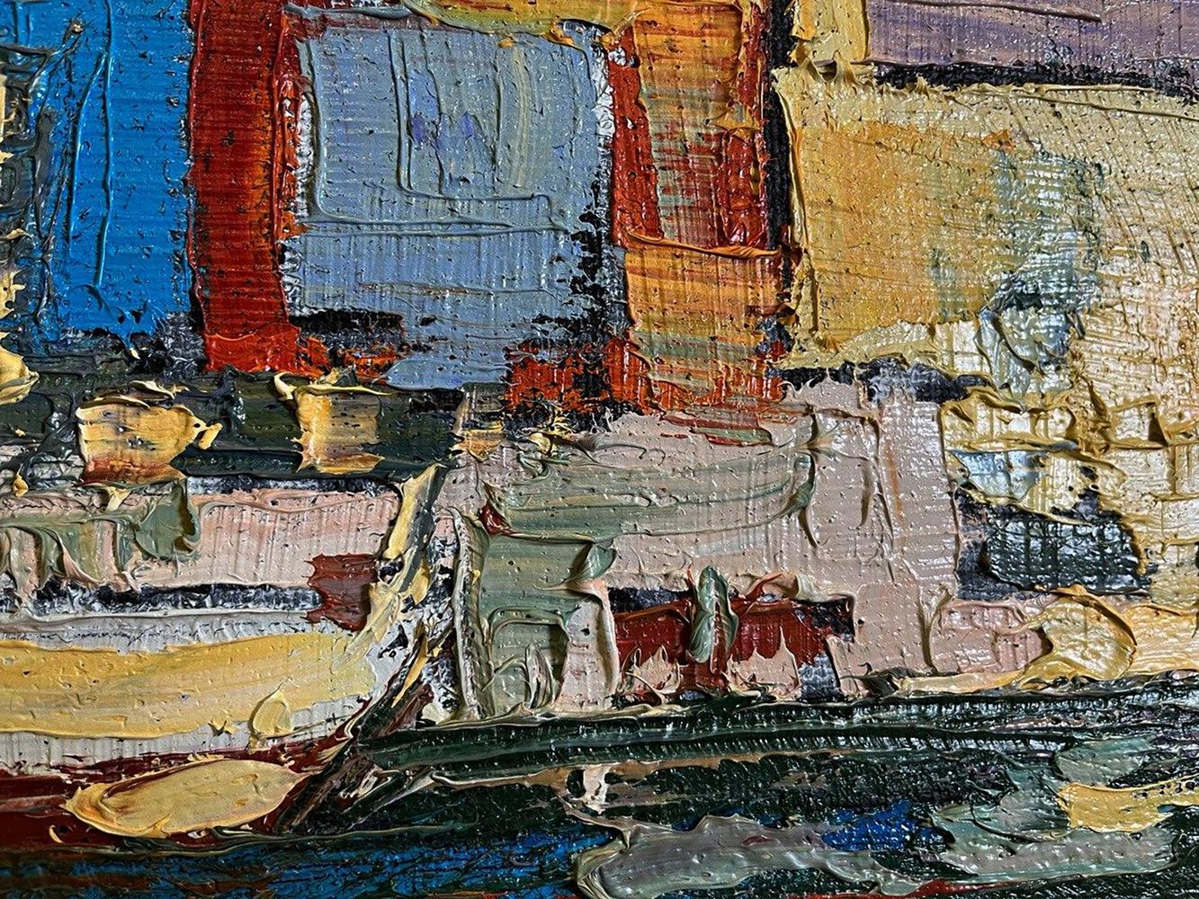 Vibrant abstract oil painting by Serhiy Kovalev with textured blue, red, yellow, gray brushstrokes