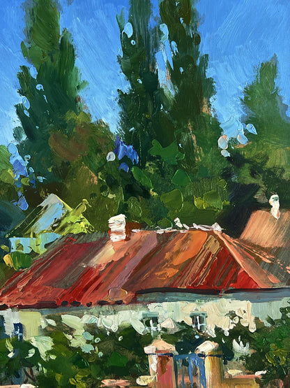 Oil painting of village courtyard with red tiled roof by Yuriy Suprunchuk