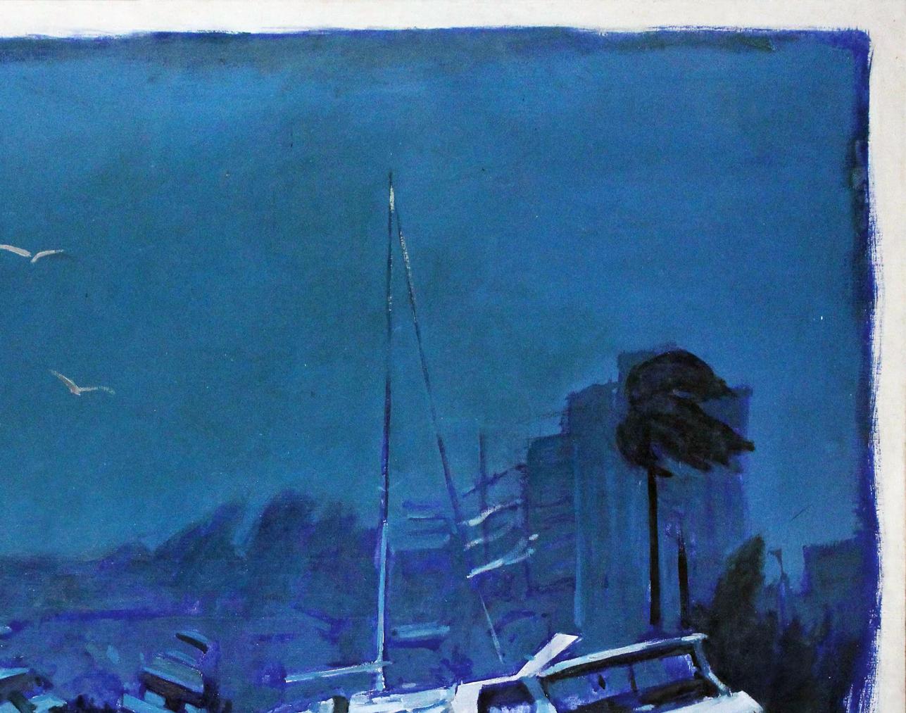 Oil painting ENDRY Ed Potapenkov: stylized blue sailboat mast on indigo sky
