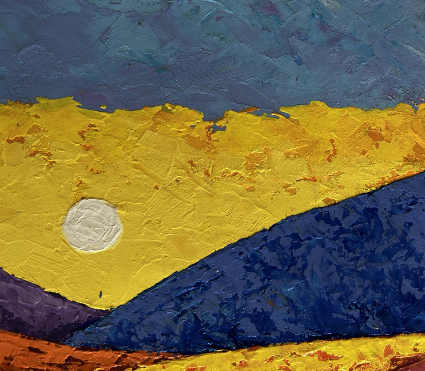 Oil painting Flaming mountain peaks V. Zadorozhnya with blue, yellow, purple bands