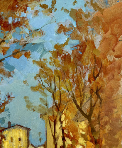 Oil painting Steps on the autumn bridge by Yuriy Suprunchuk with vibrant leaves