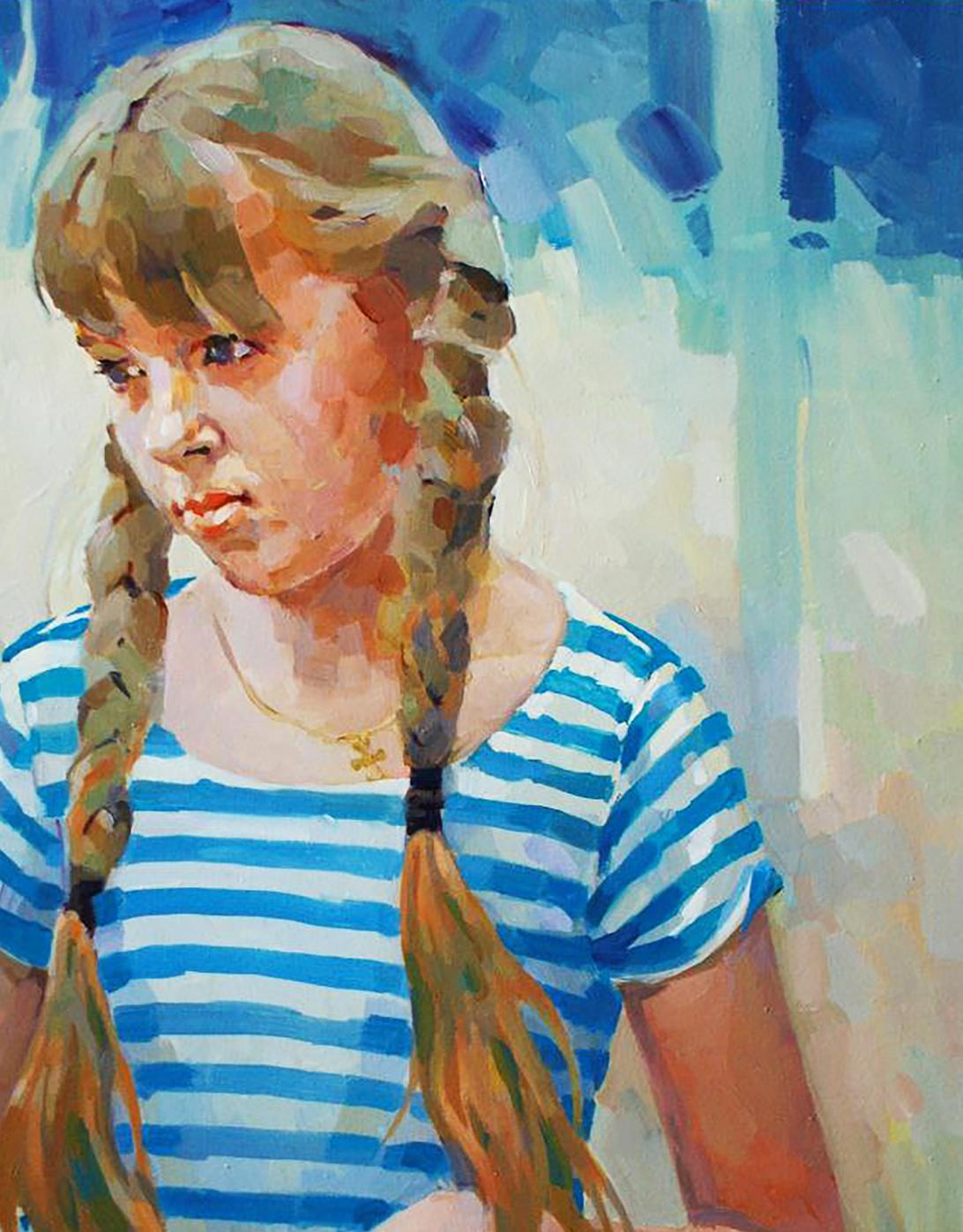Oil painting Morning portrait of blonde braided girl in striped shirt by Anastasia Yaroshevich