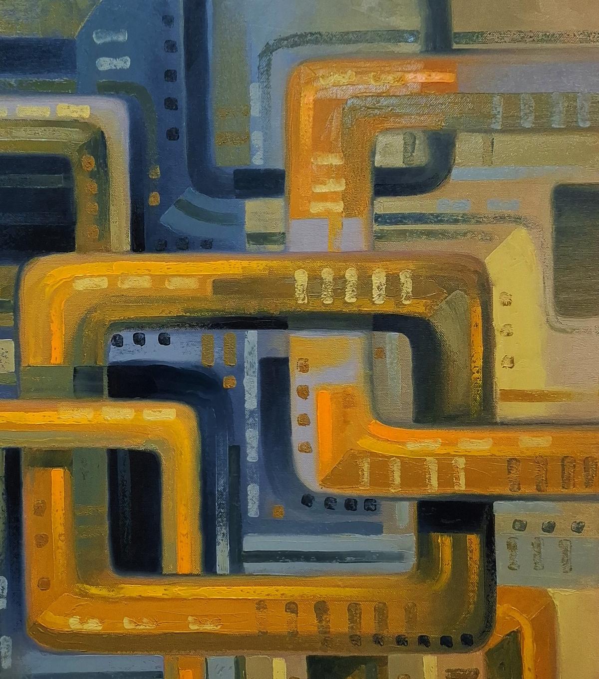 Oil painting Interaction by Sergiy Voichenko with interlocking geometric shapes in orange, blue, gray