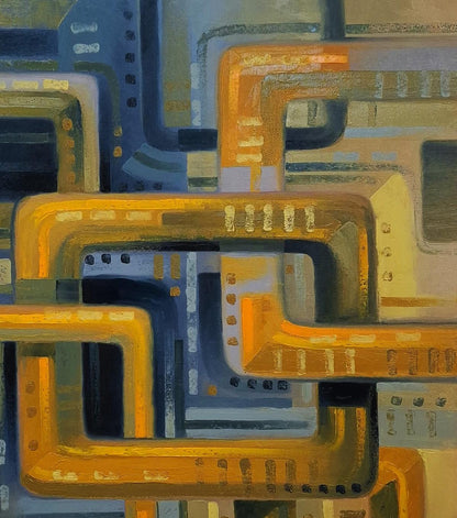 Oil painting Interaction by Sergiy Voichenko with interlocking geometric shapes in orange, blue, gray