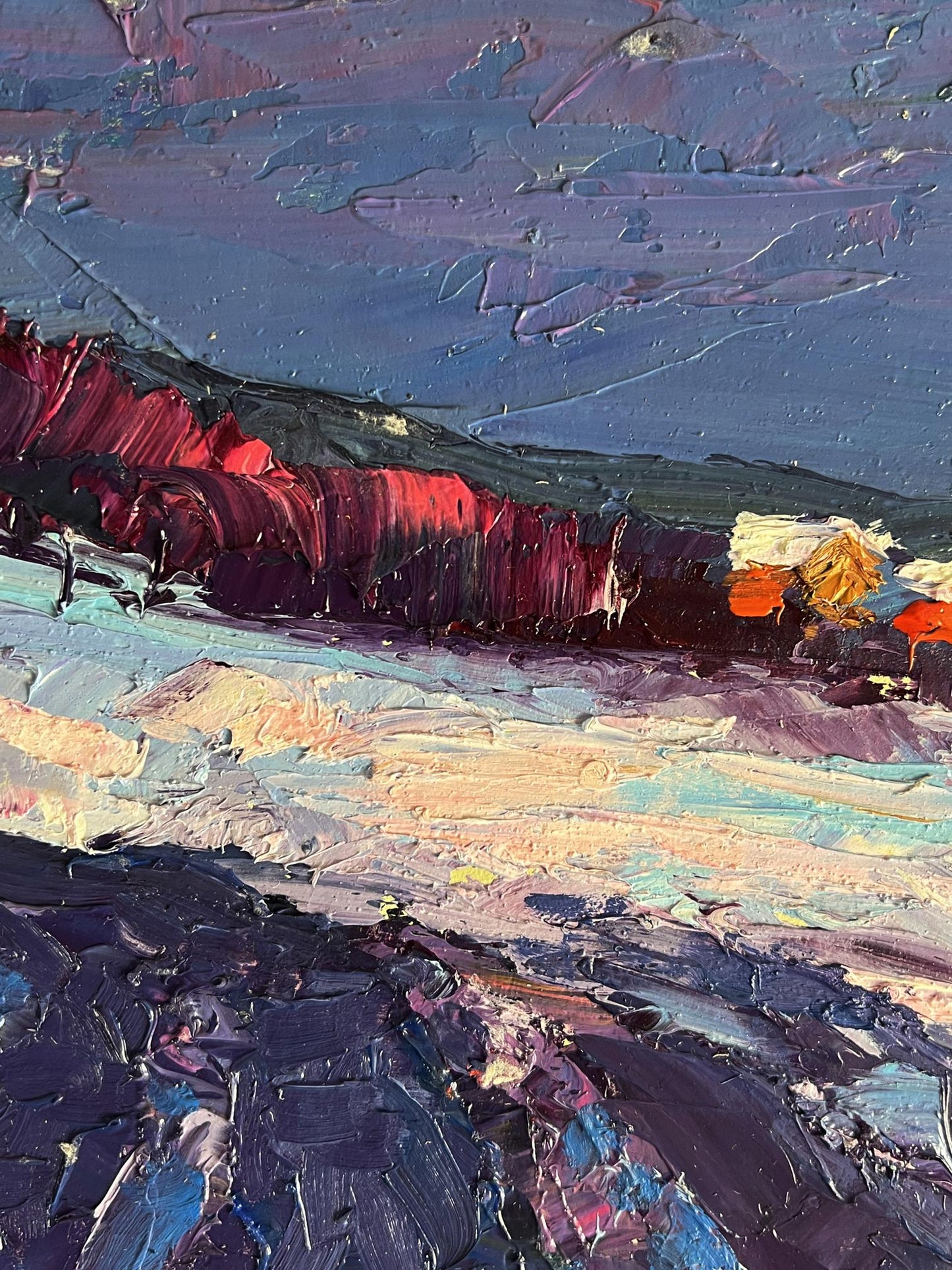 Oil painting Winter evening by Boris Serdyuk with purple blue impasto