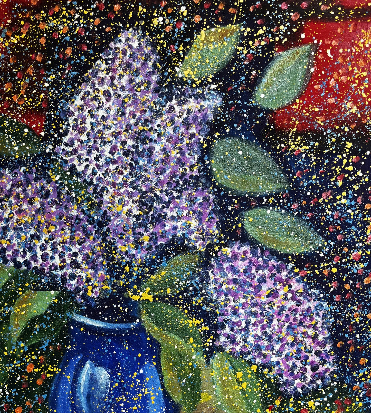 Oil painting Lilac Eric Danne: vibrant purple lilac blossoms in blue vase