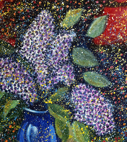 Oil painting Lilac Eric Danne: vibrant purple lilac blossoms in blue vase