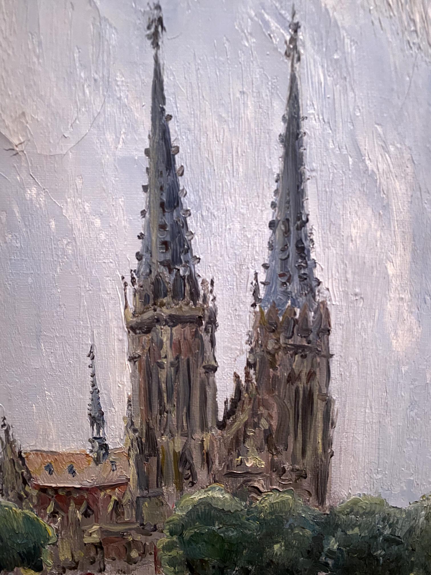Oil painting of St. Nicholas Church by Vladimir Sadovoy, gothic spires