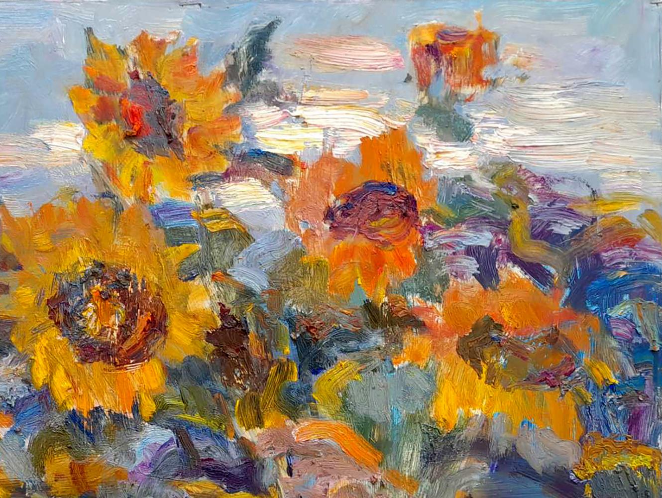 Vibrant Oi painting Sunflowers in the village by Ivan Kovalenko
