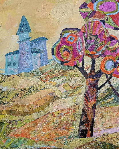 Oil painting of vibrant tree in mountains village by Tatyana Shulyak