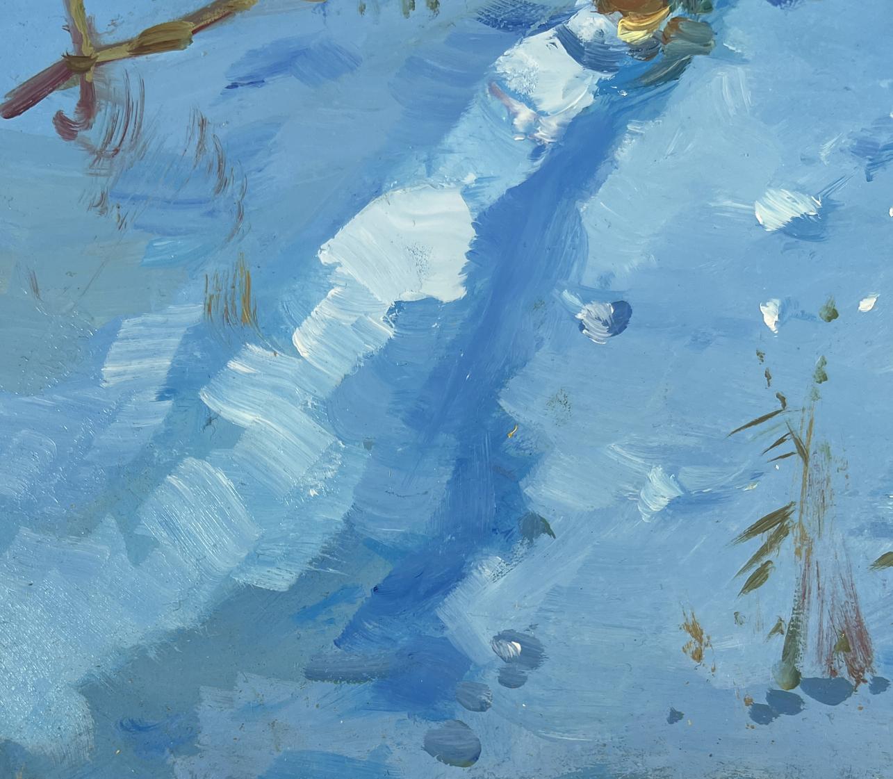 Textured blue and white oil painting Winter’s Evening Tale by Yuriy Suprunchuk
