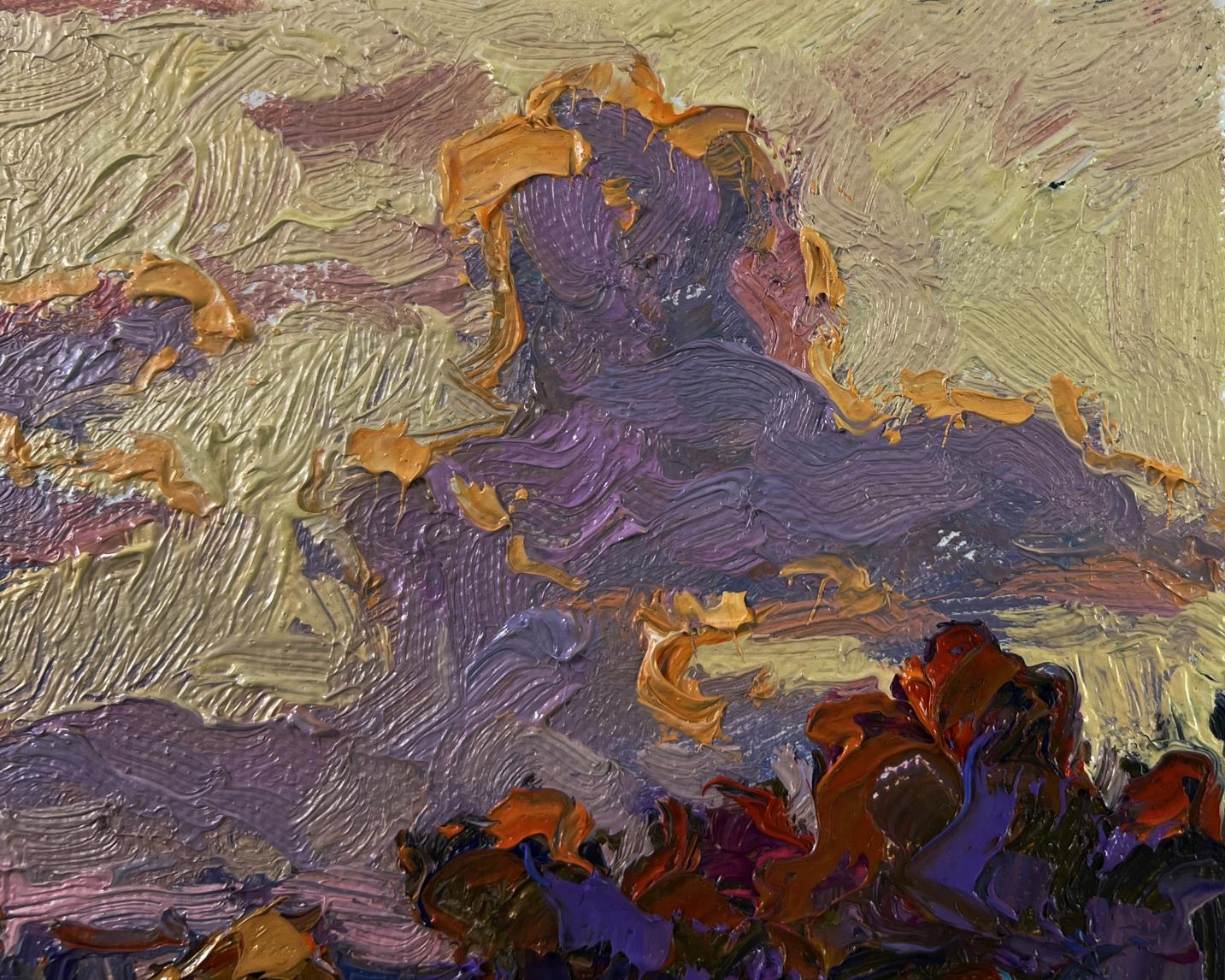 Oil painting Silence that envelops the world by Oksana Ivanyuk, purple gold ochre strokes