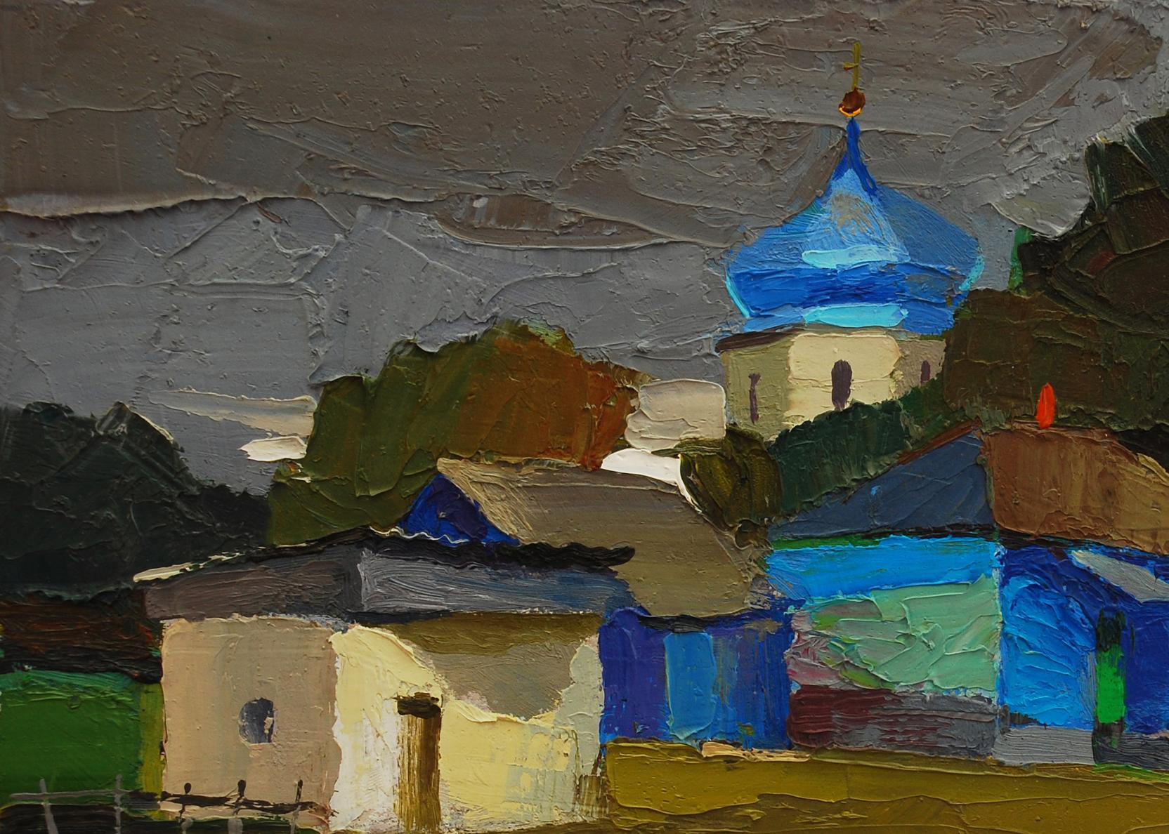 Oil painting of vibrant blue domed church under gloomy gray sky by Egor Shvachunov