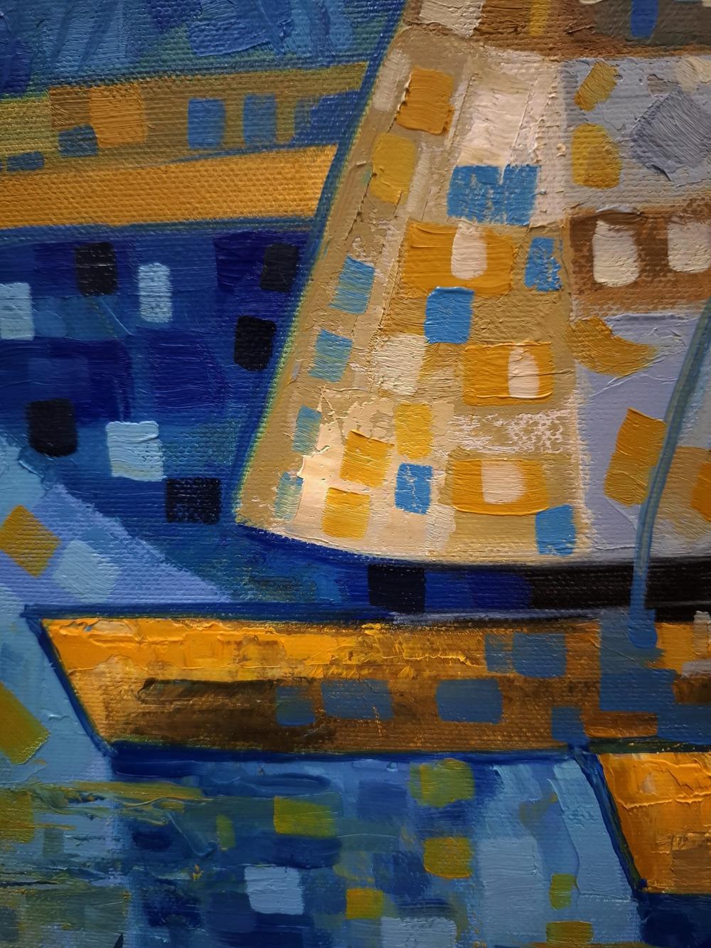 Oil painting Sailboats on a sunny day by Sergiy Voichenko with blue yellow geometric shapes