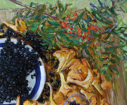 Oil painting of mushrooms and blueberries by Leonid Pavlenko in white bowl