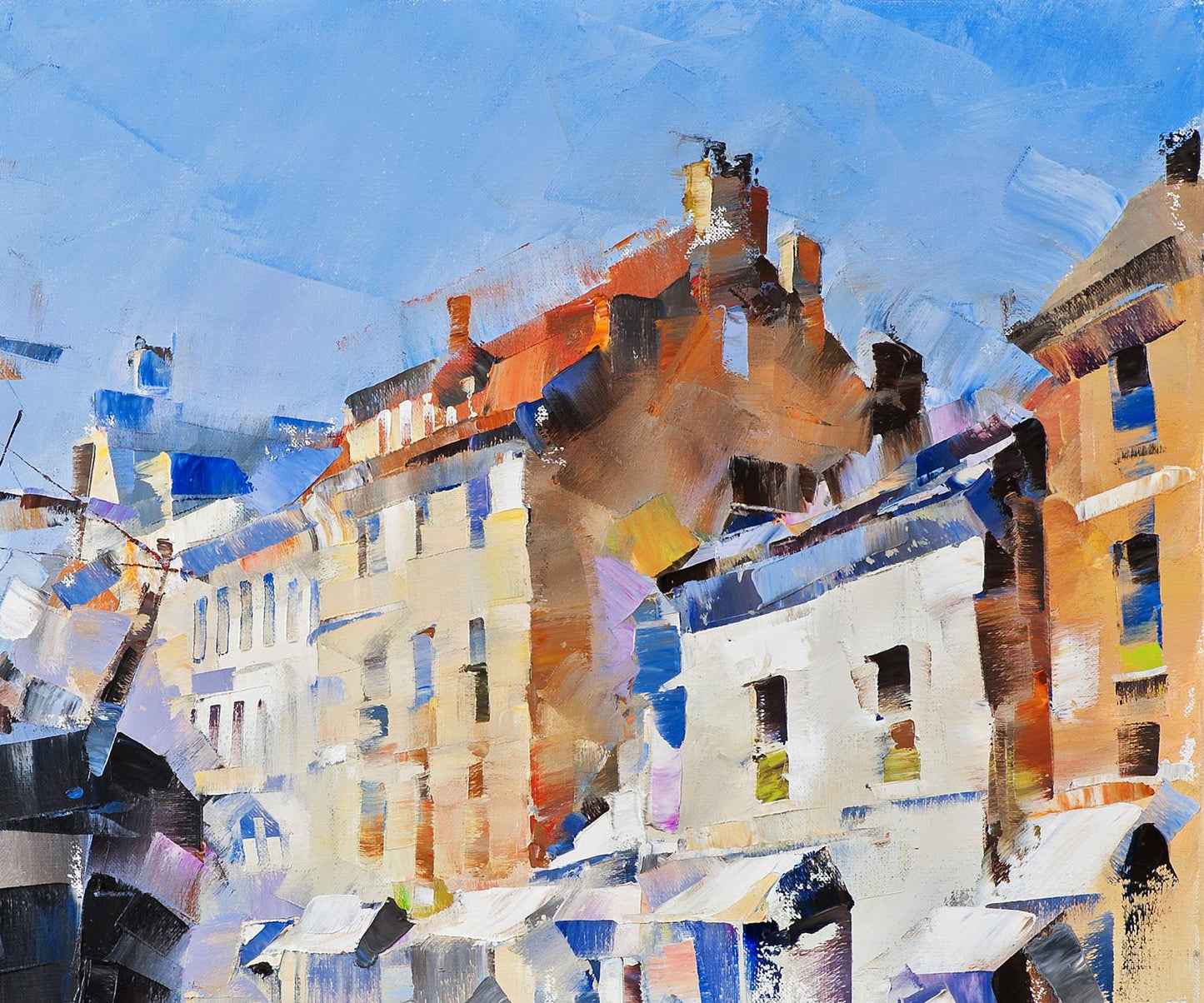 Vibrant impressionistic oil painting of European street by Volodymyr Gluhomanyuk