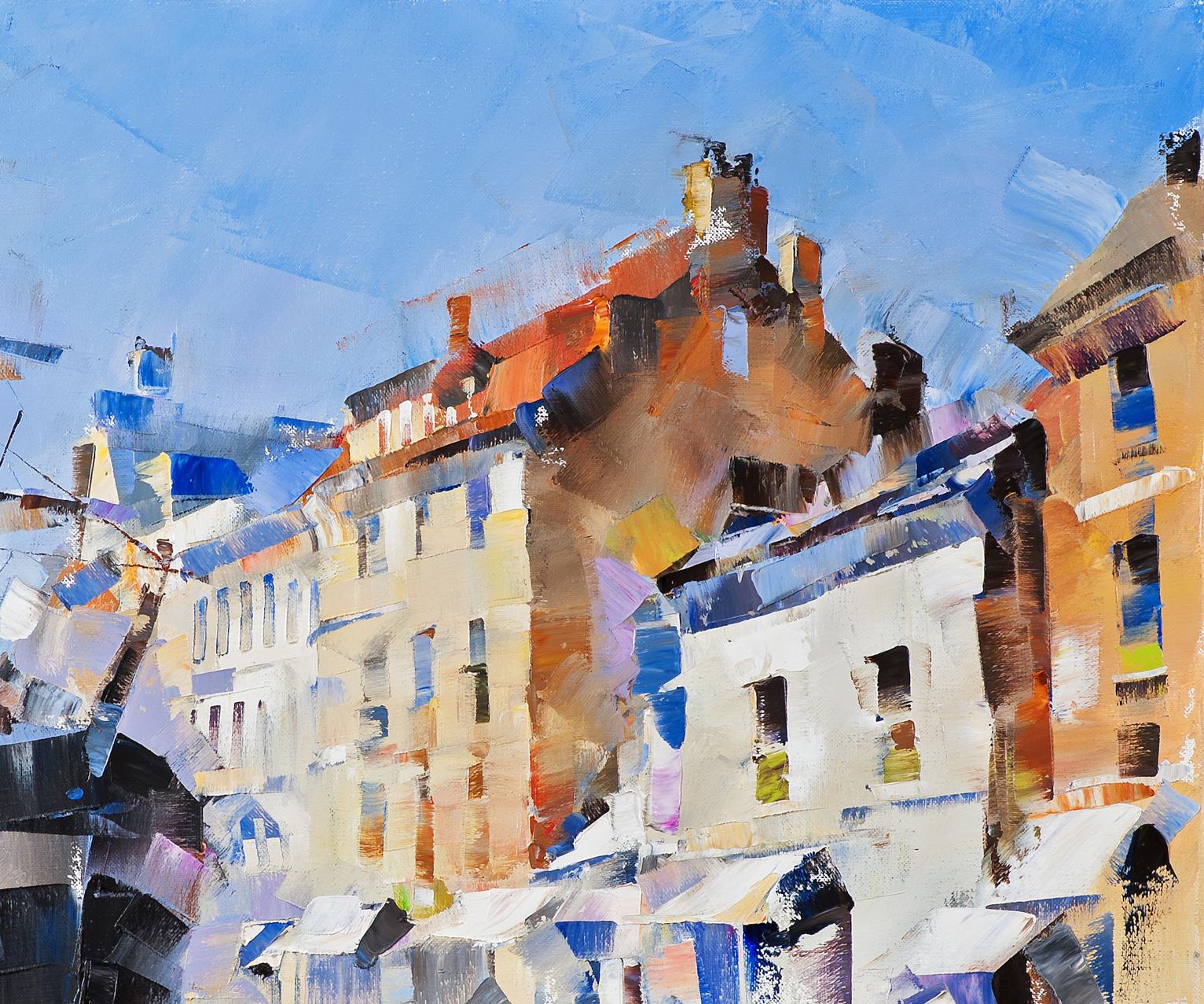 Vibrant impressionistic oil painting of European street by Volodymyr Gluhomanyuk