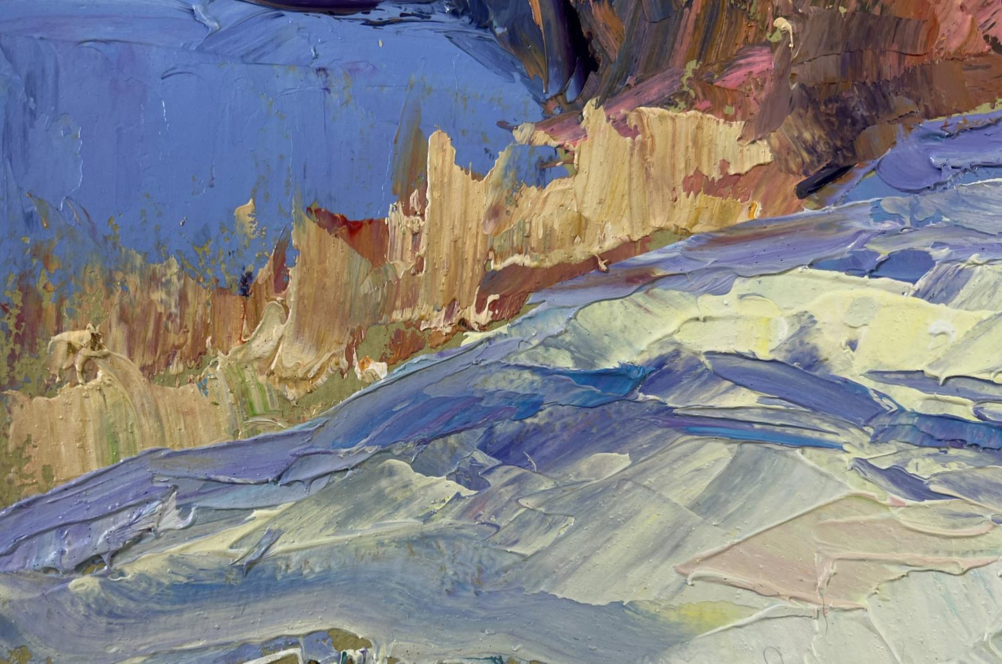 Oil painting Snow under the sun by Boris Serdyuk, rugged cliffs in blue tones