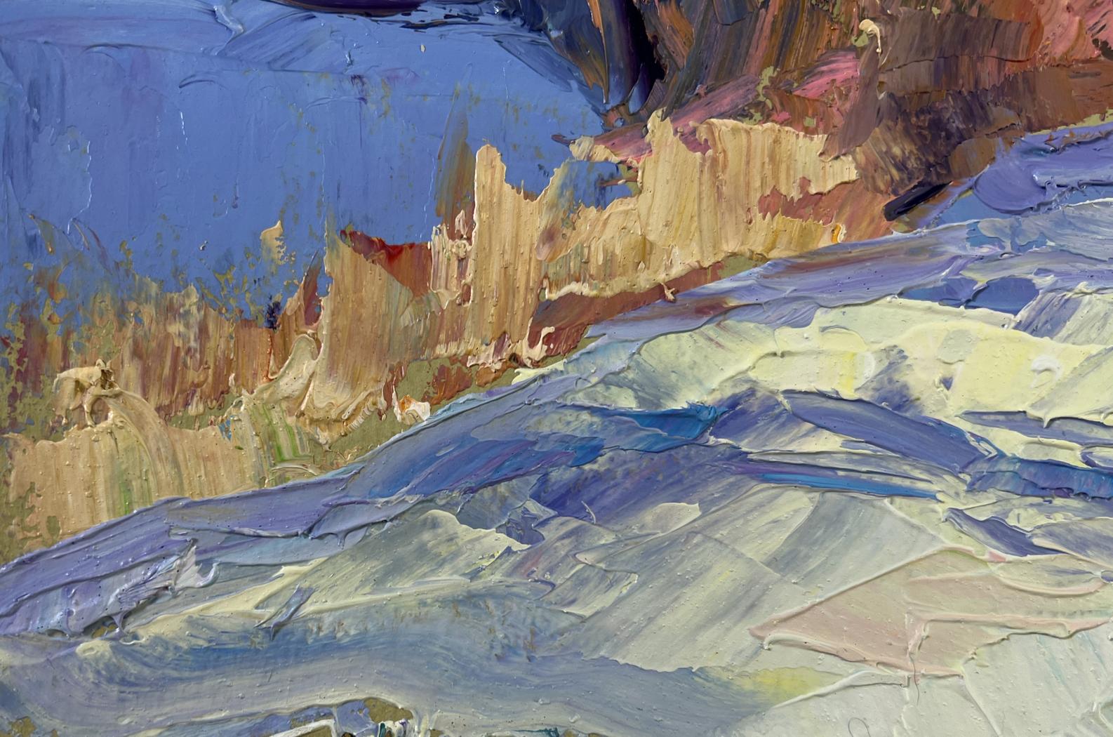 Oil painting Snow under the sun by Boris Serdyuk, rugged cliffs in blue tones