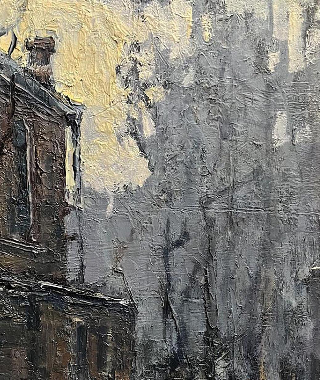 Oil painting Village life by Volodymyr Pashchenko: textured dark building in grays and ochre