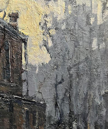 Oil painting Village life by Volodymyr Pashchenko: textured dark building in grays and ochre