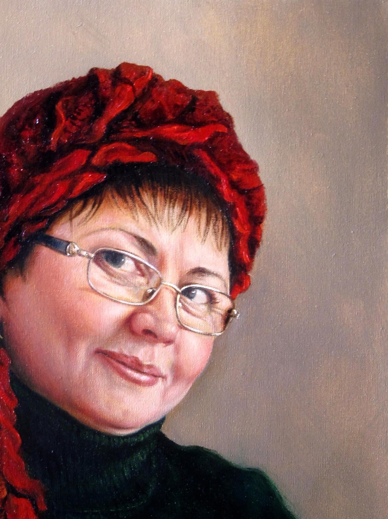 Oil painting Modest Valeriy Bulat with rich red velvet ruched headscarf