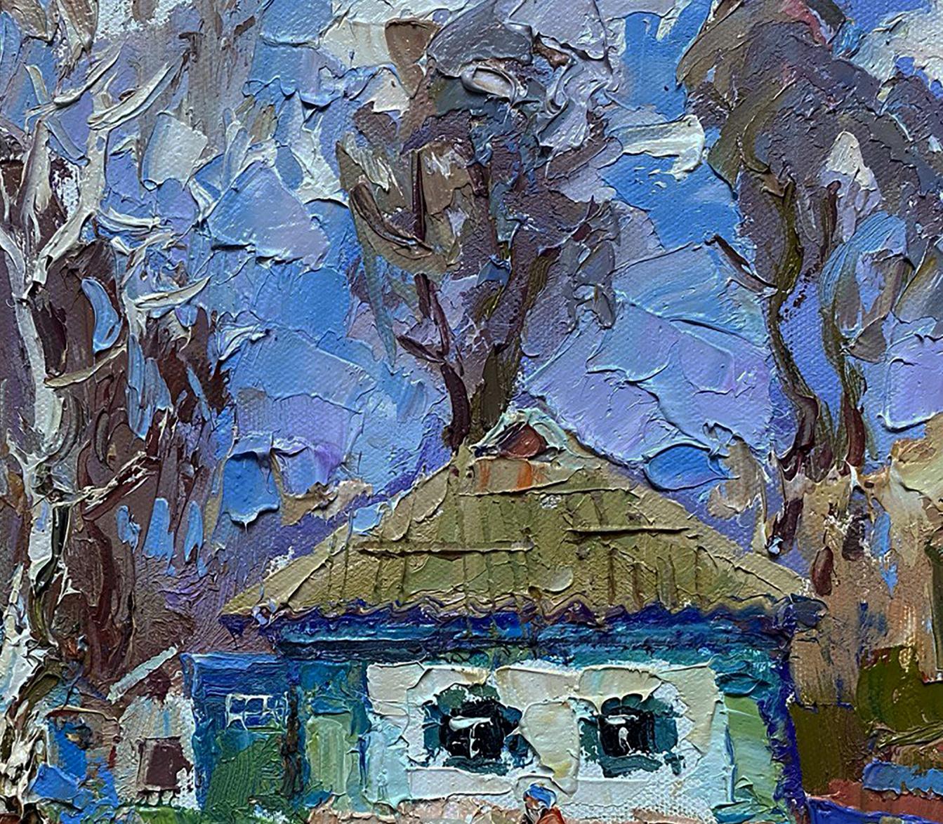 Oil painting House on a March day by Oleksiy Ivanyuk, thatched roof house