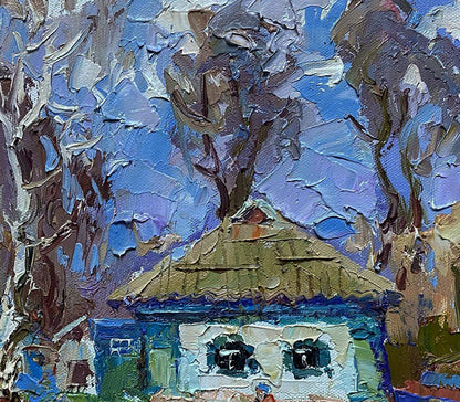Oil painting House on a March day by Oleksiy Ivanyuk, thatched roof house