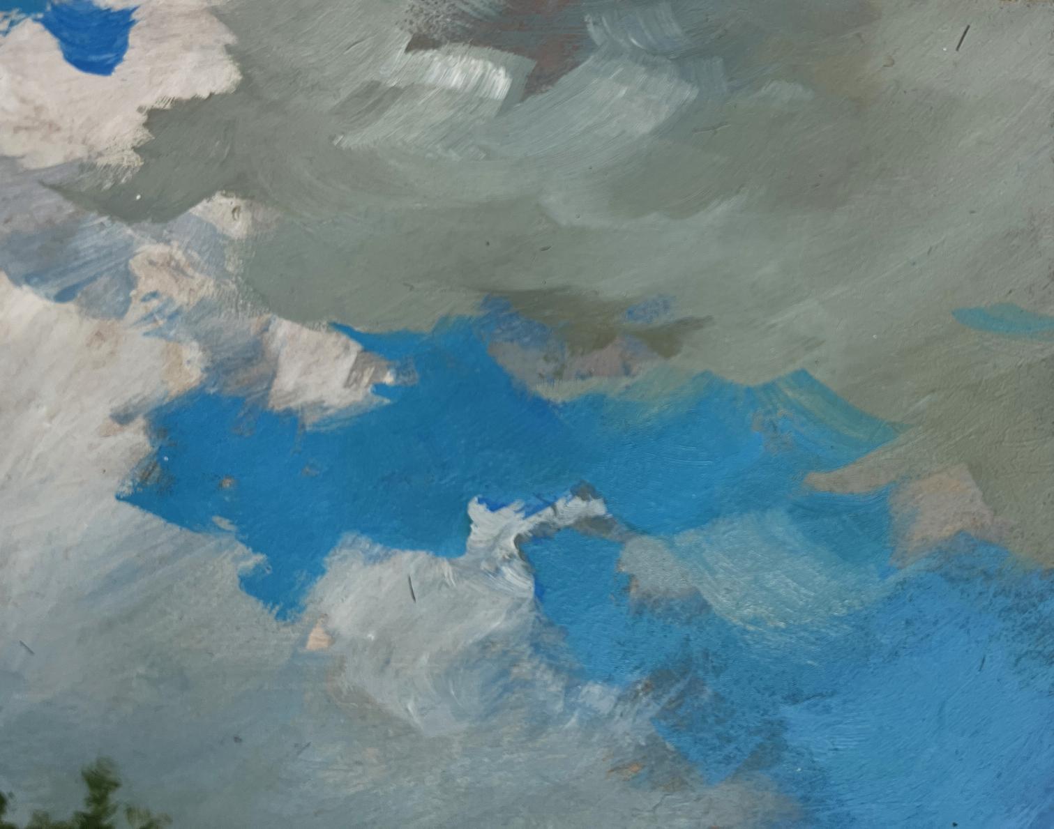 Oil painting of couple in flower field with impressionistic cloudy sky by Yuriy Suprunchuk